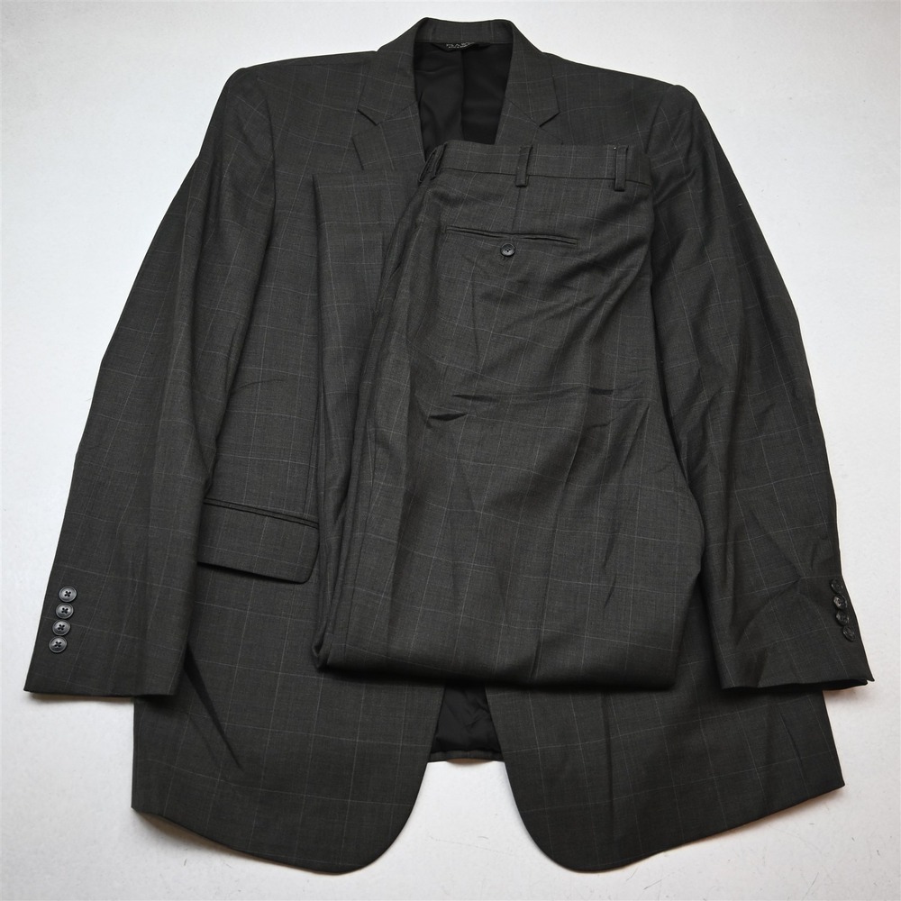 Jos A Bank 44L 38x32 Green Windowpane 100% Wool Travelers Mens Jacket Pants Suit